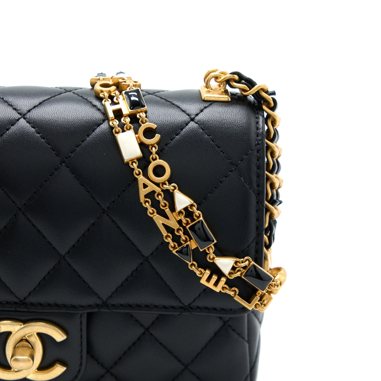 Chanel Seasonal Flap Bag with Detail Chain Lambskin Black Brushed  (Microchip)