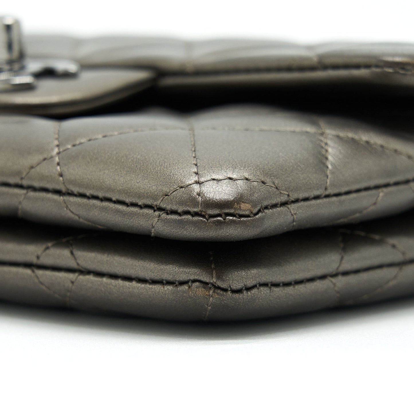 Chanel Flap And Zippy Mini Pouch With Chain Lambskin Metallic Brownish Grey With Dark Grey Hardware