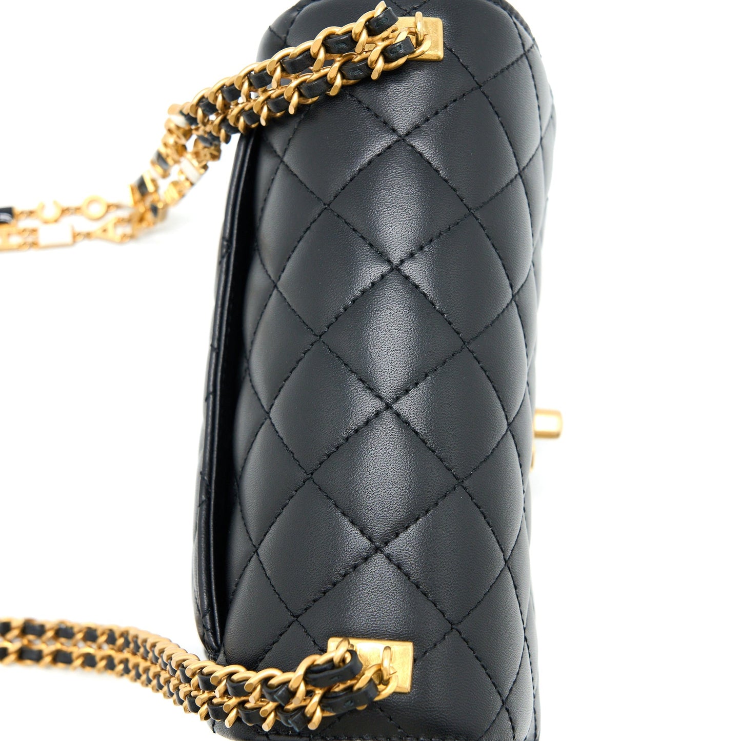 Chanel Seasonal Flap Bag with Detail Chain Lambskin Black Brushed  (Microchip)