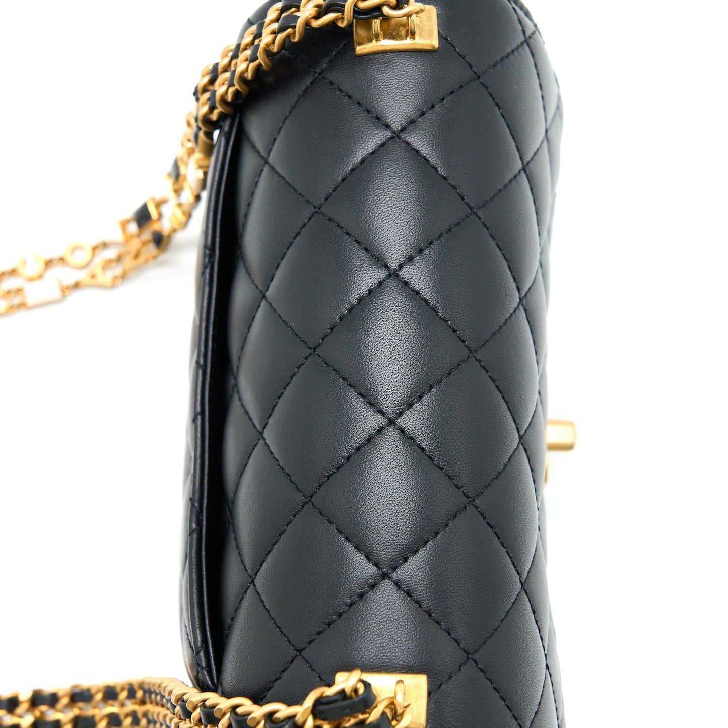 Chanel Seasonal Flap Bag with Detail Chain Lambskin Black Brushed  (Microchip)