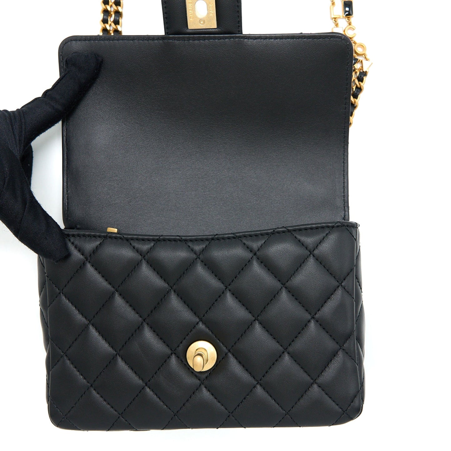 Chanel Seasonal Flap Bag with Detail Chain Lambskin Black Brushed  (Microchip)