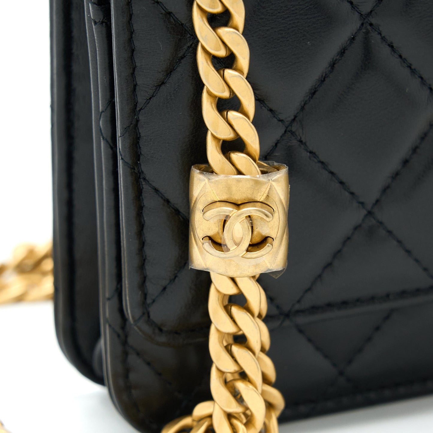 Chanel 22K Gold Pillar Wallet On Chain Lambskin Black Brushed (Microchip)