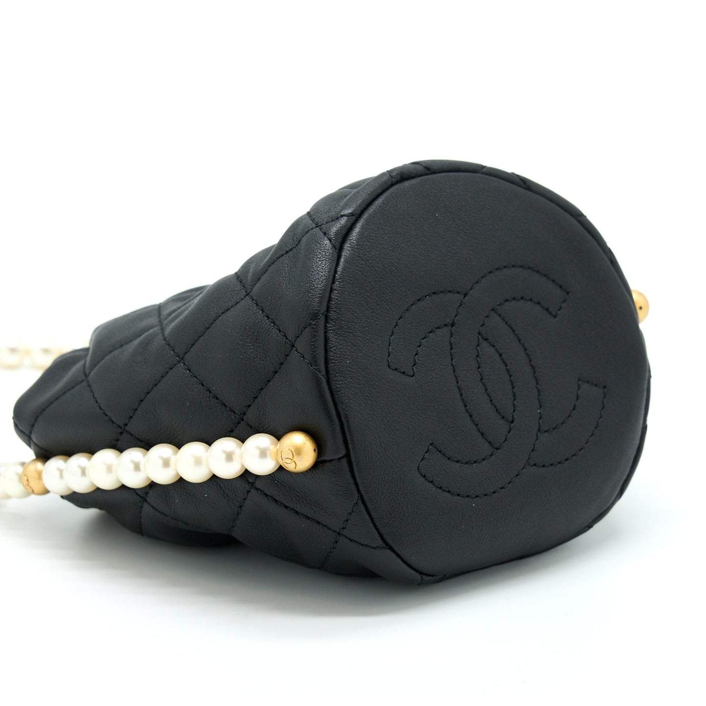 Chanel Mini Bucket Bag With Pearl Chain Lambskin Black