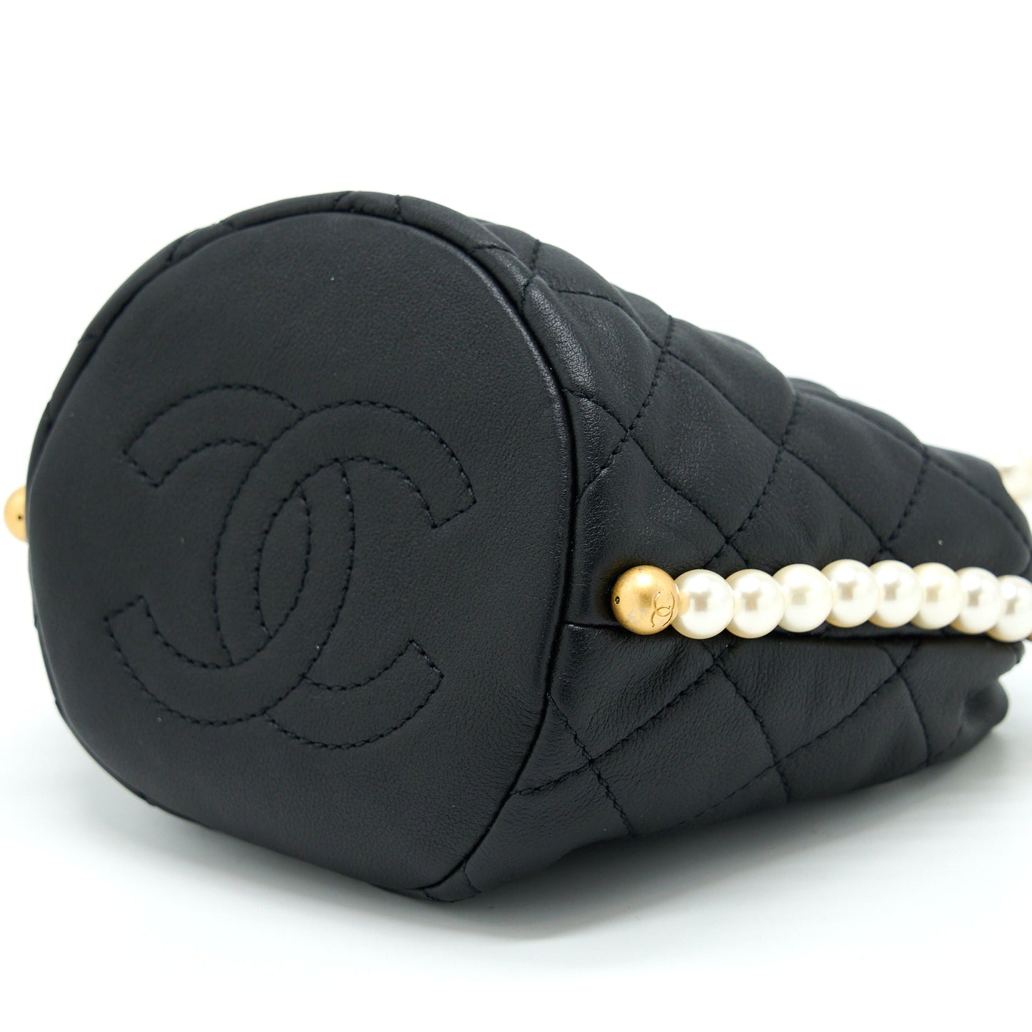 Chanel Mini Bucket Bag With Pearl Chain Lambskin Black