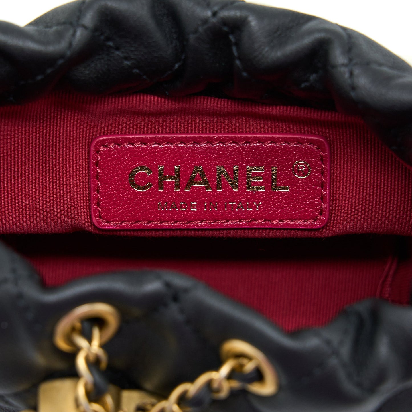Chanel Mini Bucket Bag With Pearl Chain Lambskin Black