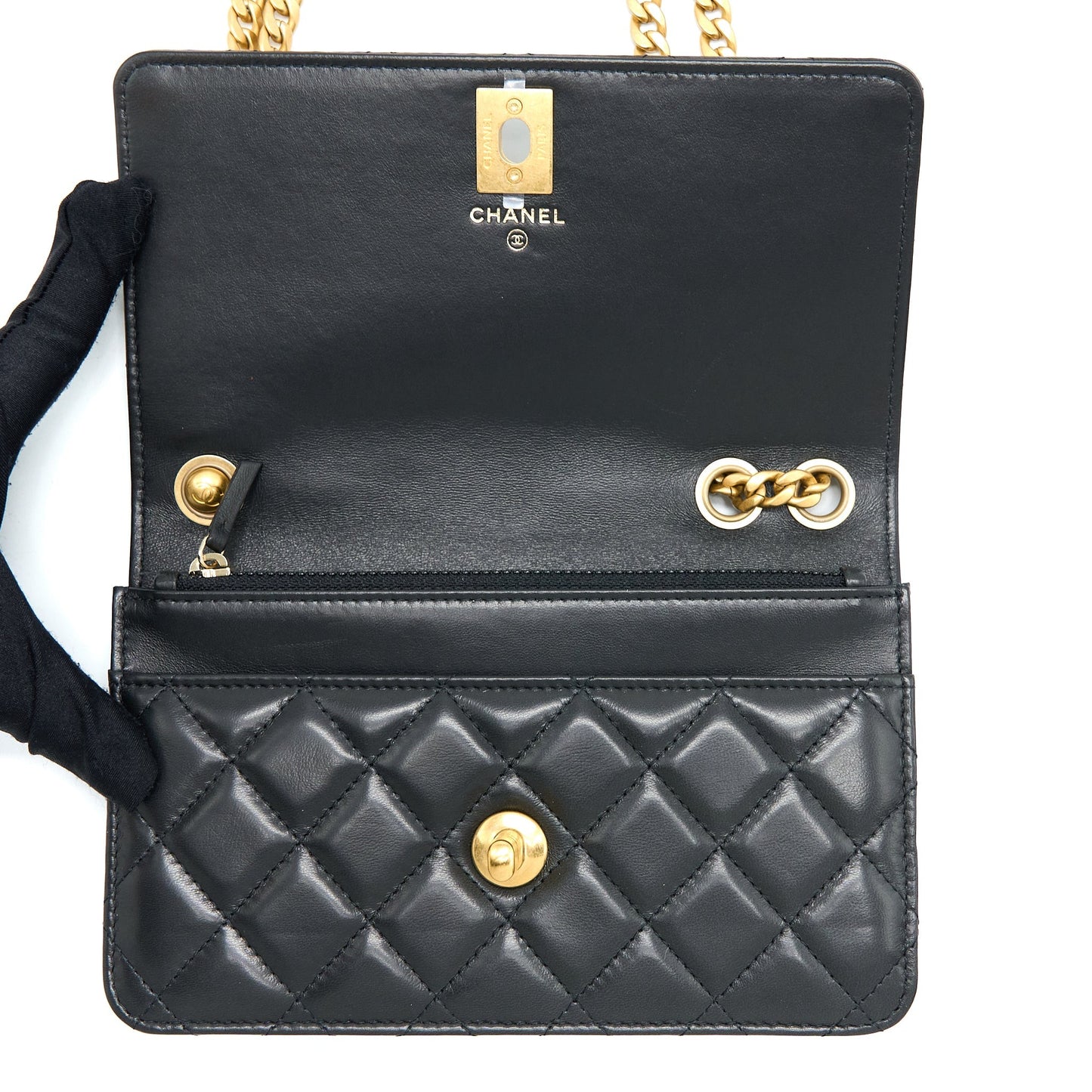 Chanel 22K Gold Pillar Wallet On Chain Lambskin Black Brushed (Microchip)