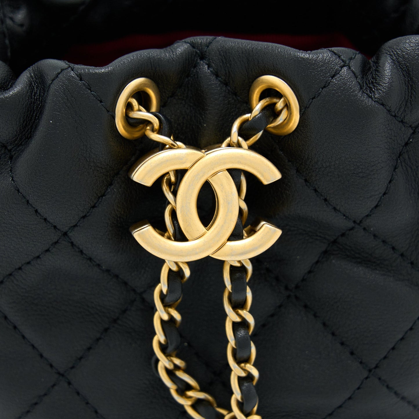 Chanel Mini Bucket Bag With Pearl Chain Lambskin Black
