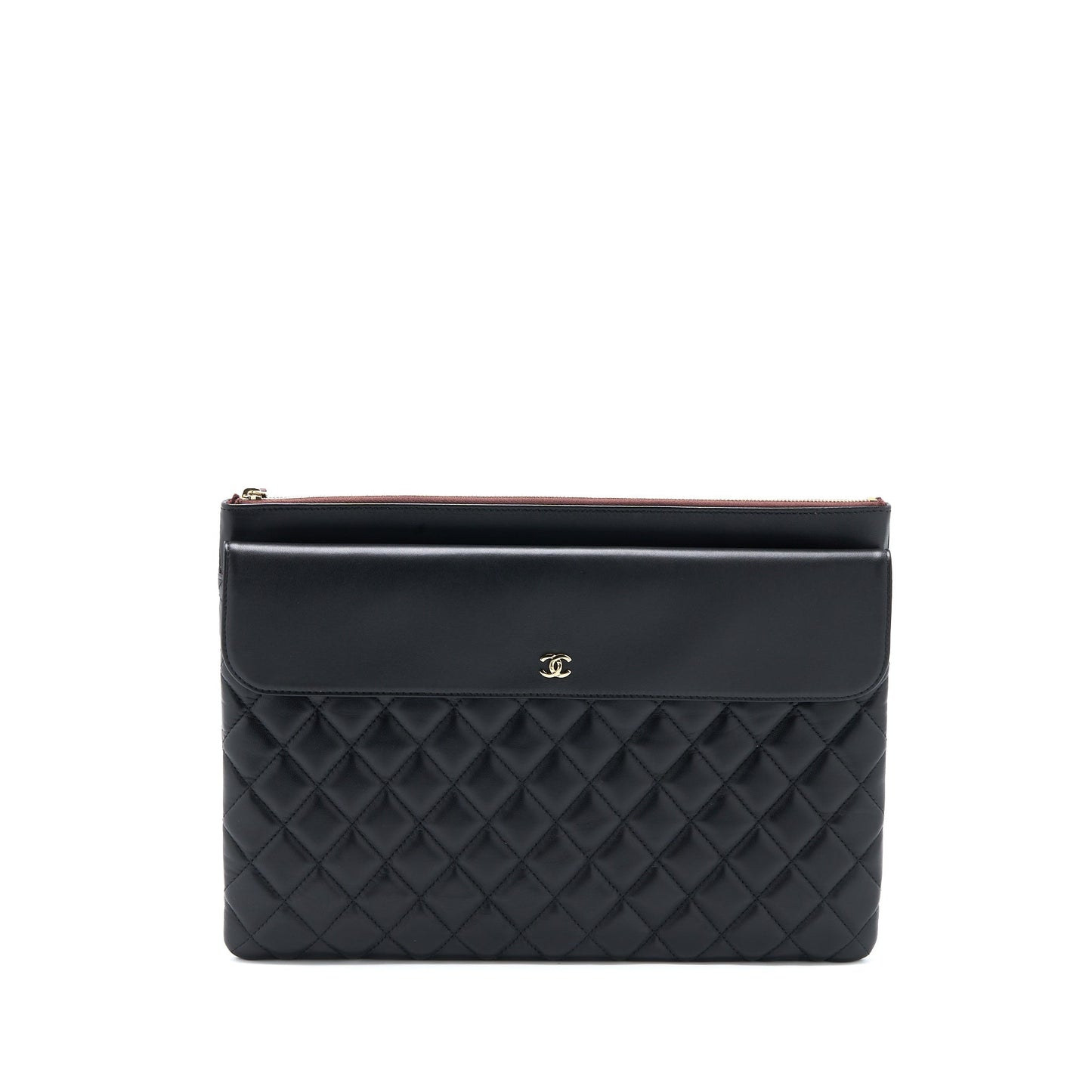Chanel Quilted Zip and Flap Pouch/Clutch Large Model Lambskin Black L