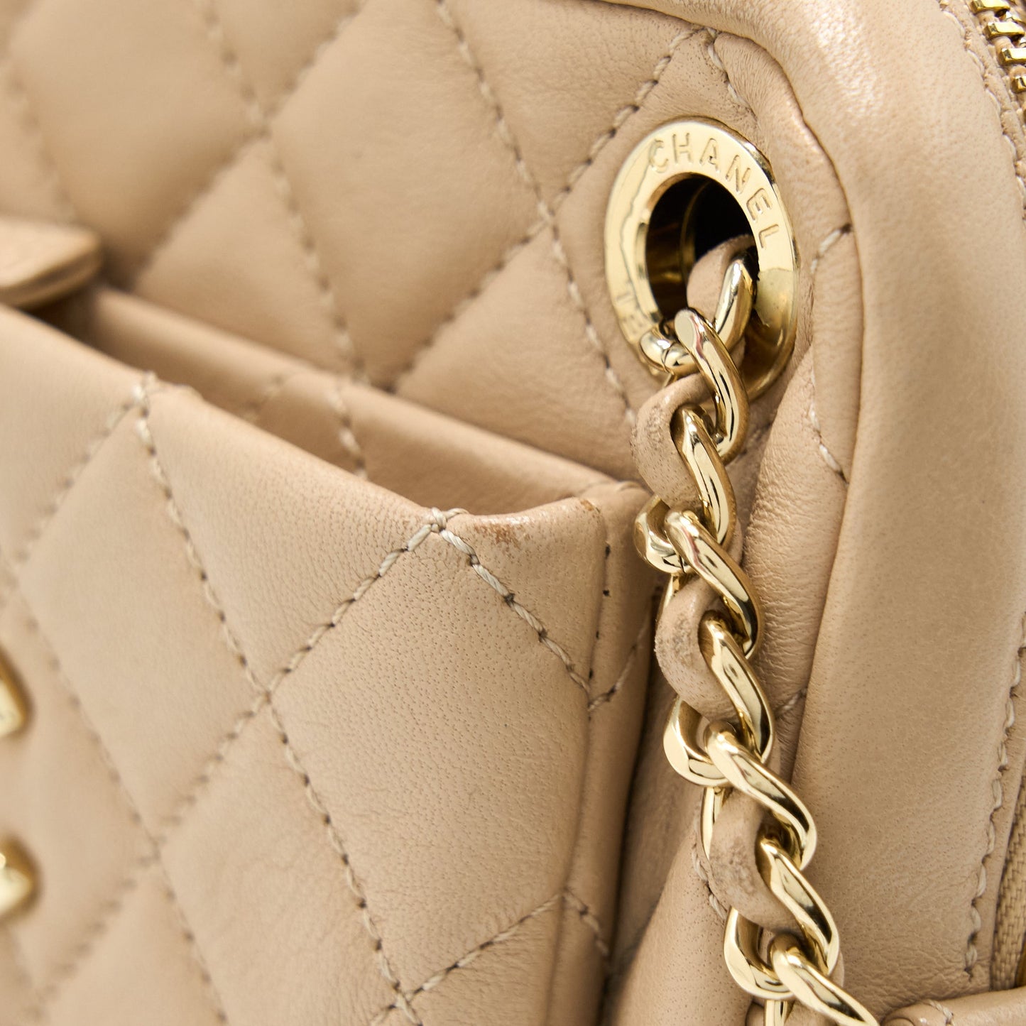 Chanel Small Vertical Camera Bag With Chain Lambskin Beige L