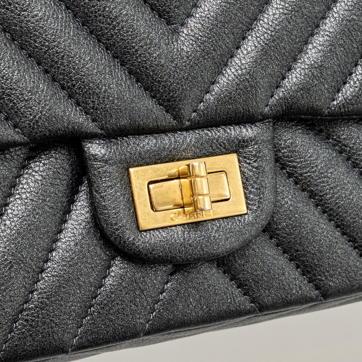 Chanel Large 2.55 226 Reissue Double Flap Bag Chevron Metallic Calfskin Charcoal