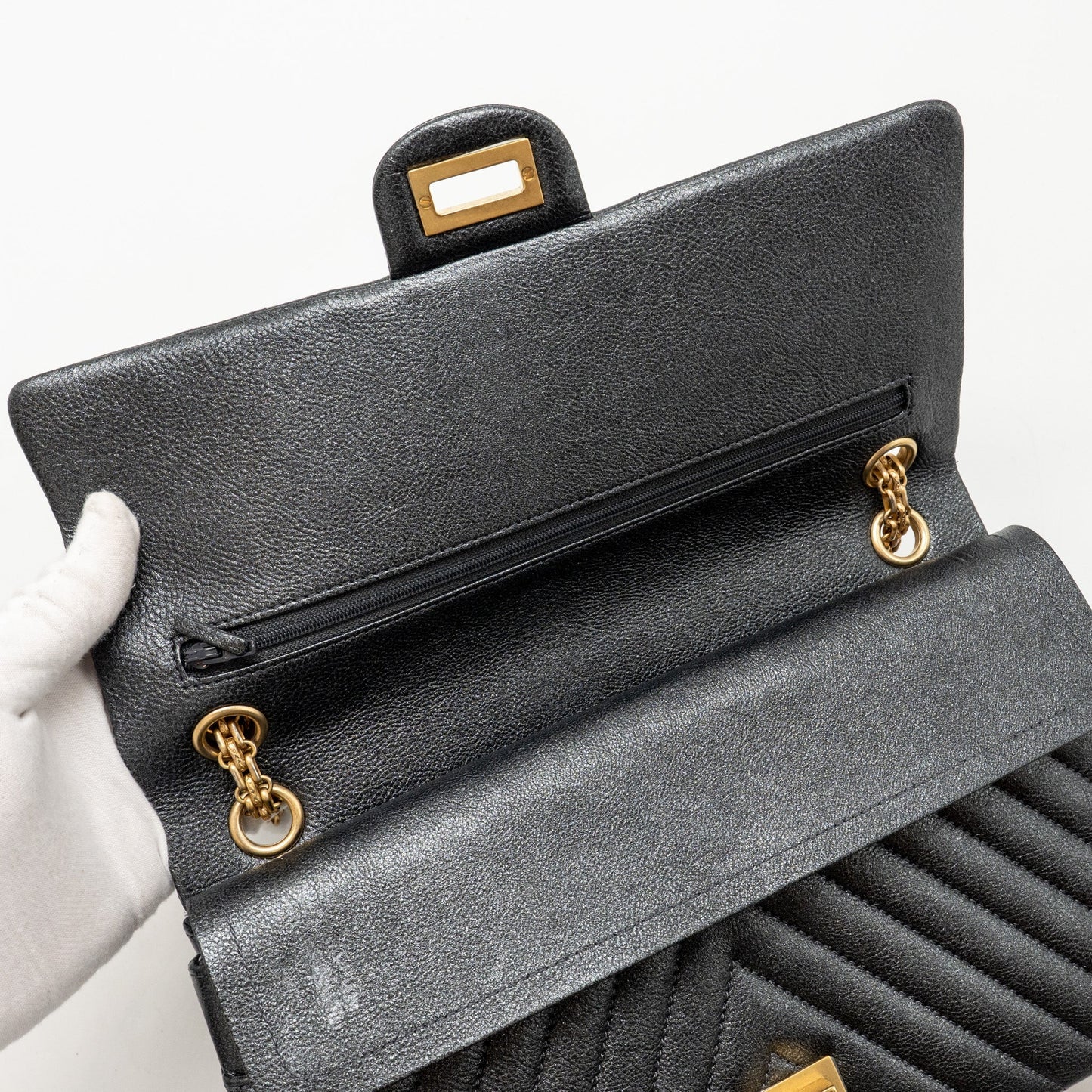Chanel Large 2.55 226 Reissue Double Flap Bag Chevron Metallic Calfskin Charcoal