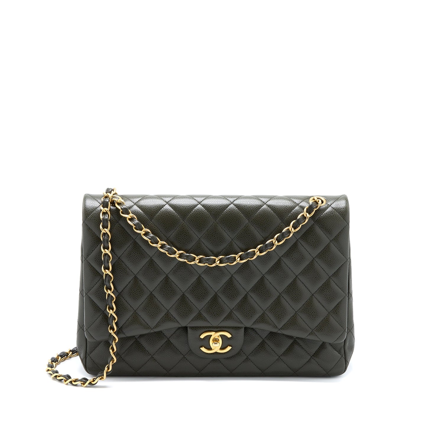 Chanel Maxi Classic Double Flap Bag Caviar Olive Green Brushed