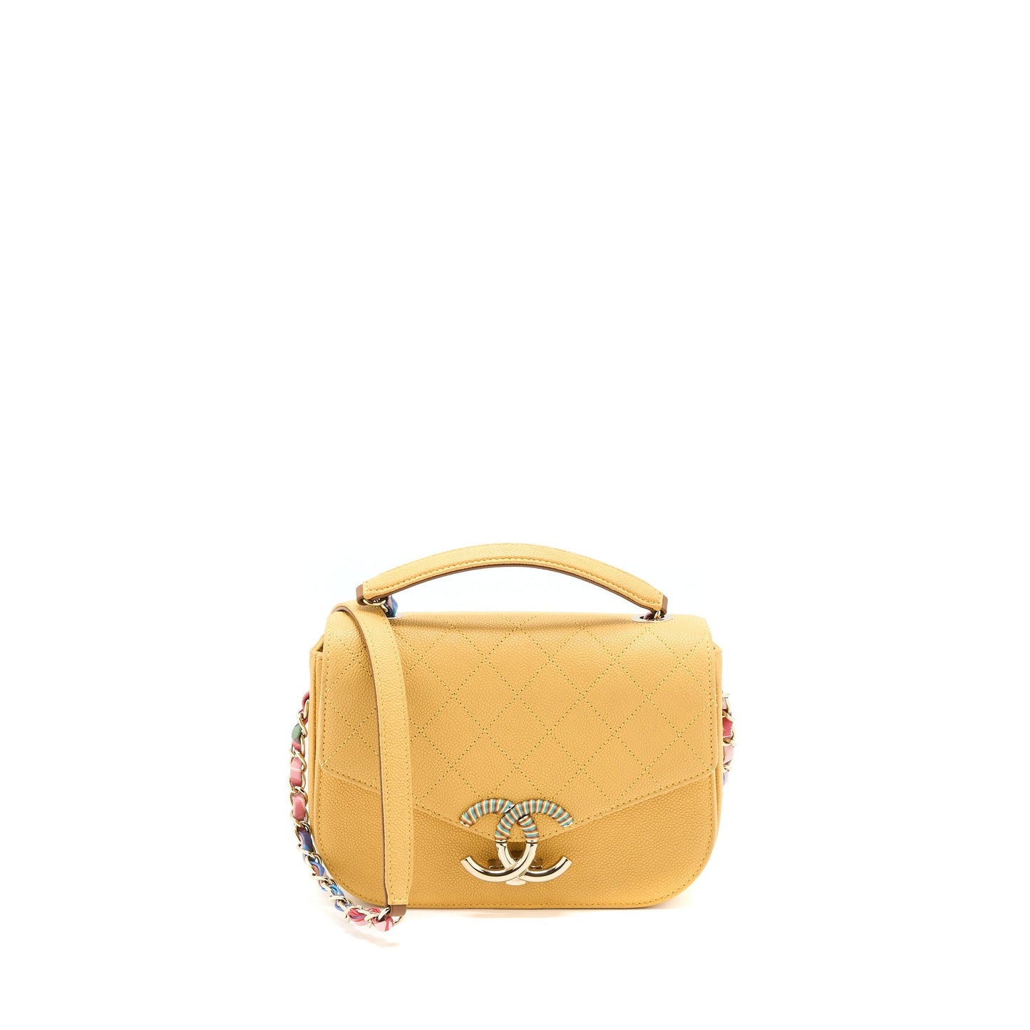 Chanel Giant CC Logo Messenger Flap Bag Caviar Yellow L