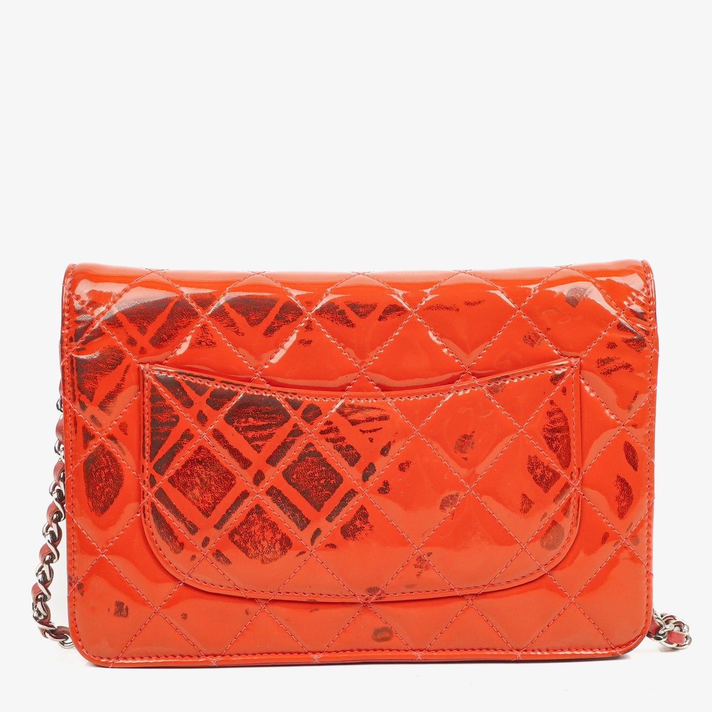 Chanel Wallet On Chain WOC Orange Quilted Patent Leather With Pink CC Logo And Silver Hardware