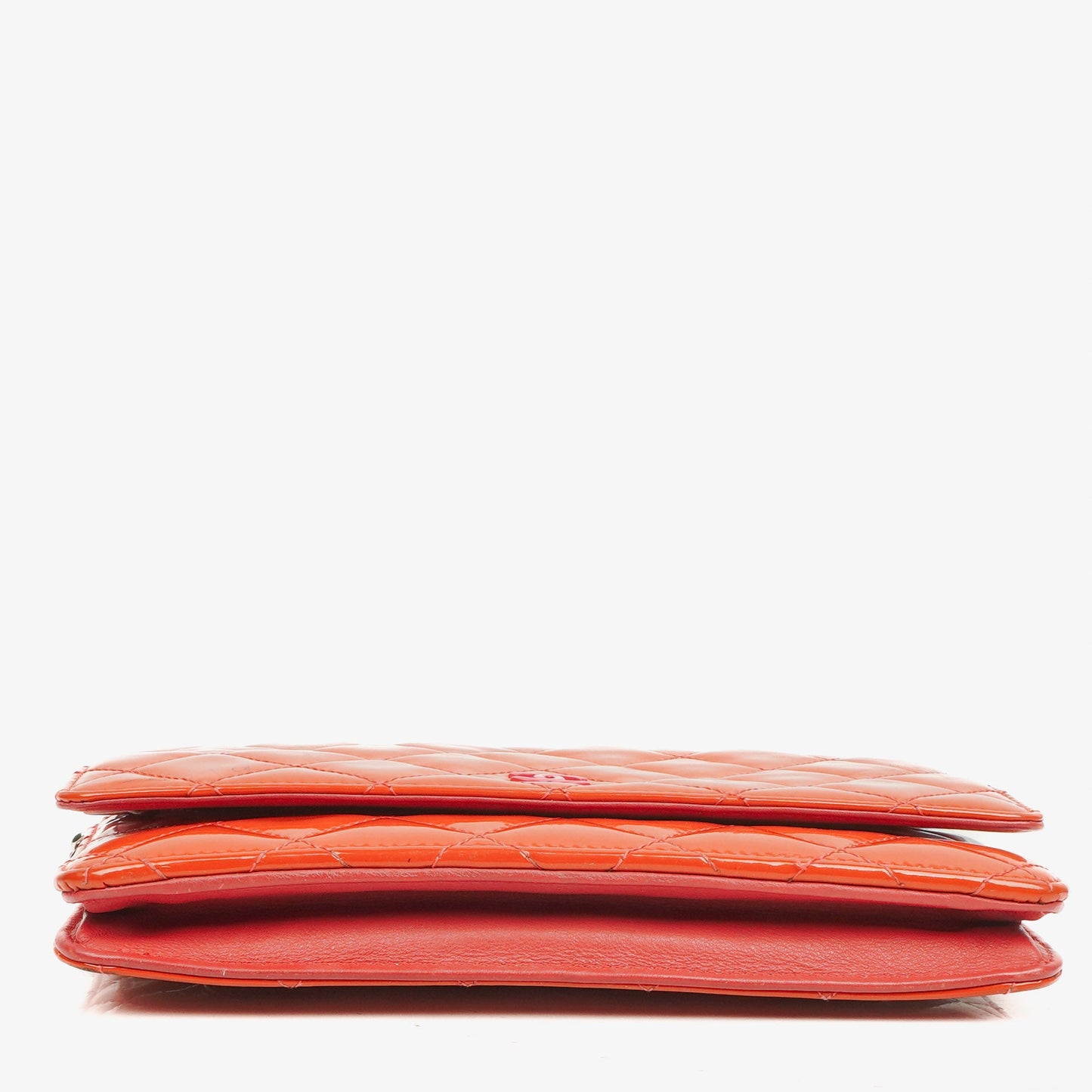 Chanel Wallet On Chain WOC Orange Quilted Patent Leather With Pink CC Logo And Silver Hardware