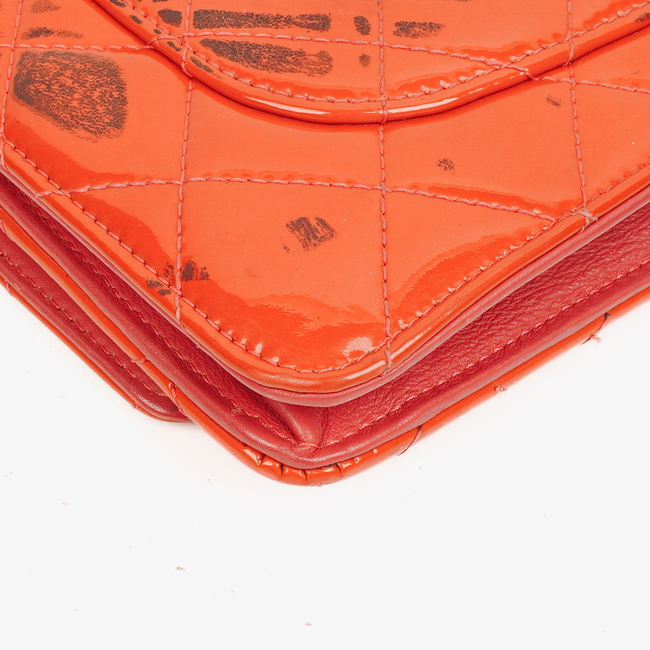 Chanel Wallet On Chain WOC Orange Quilted Patent Leather With Pink CC Logo And Silver Hardware