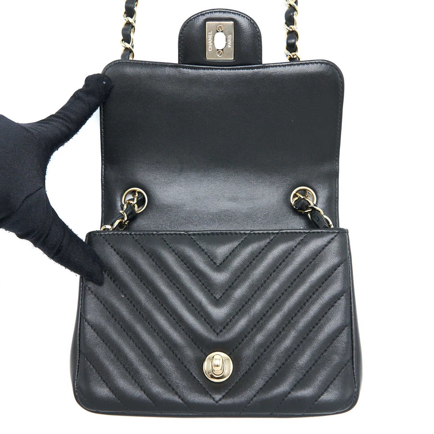 Chanel Mini Square Flap Bag Chevron Lambskin Black L