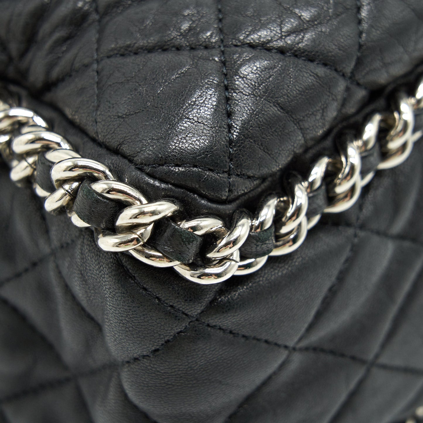 Chanel Quilted Leather With Chain Shoulder Bag XL Black