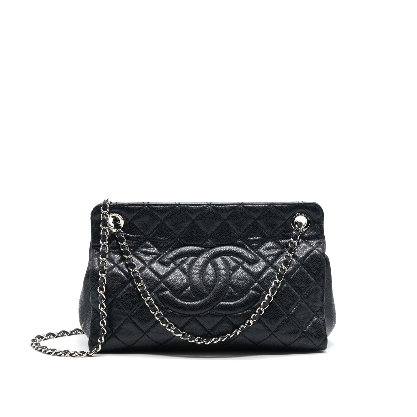 CHANEL QUILTED LEATHER TOTE BAG WITH CHAIN IN CARVIAR BLACK