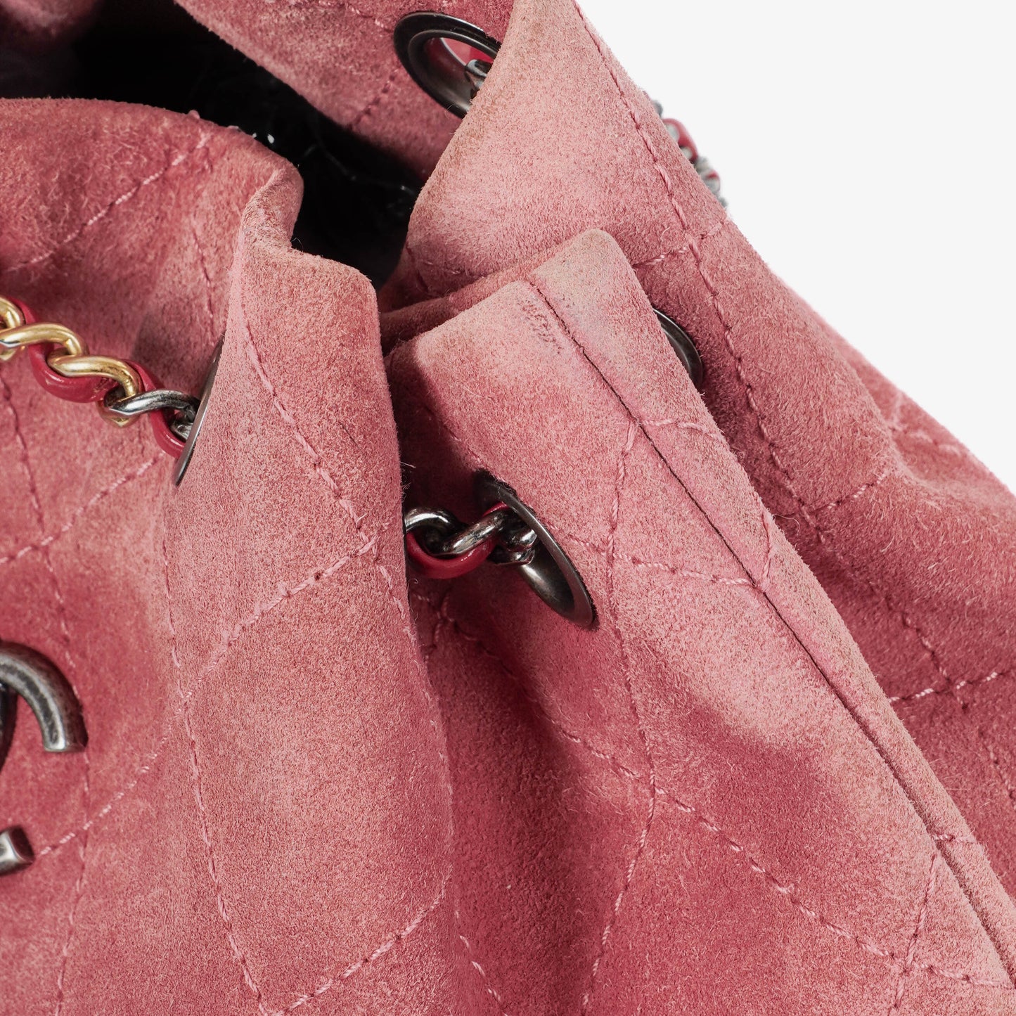 Chanel Quilted Suede Small Gabrielle Bucket Bag With Gold-Tone, Silver And Aged Silver Hardware