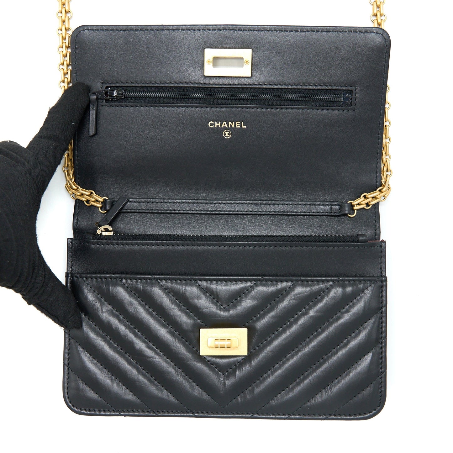 Chanel 2.55 Reissue Wallet On Chain Chevron Aged Calfskin Black Brushed  (Microchip)