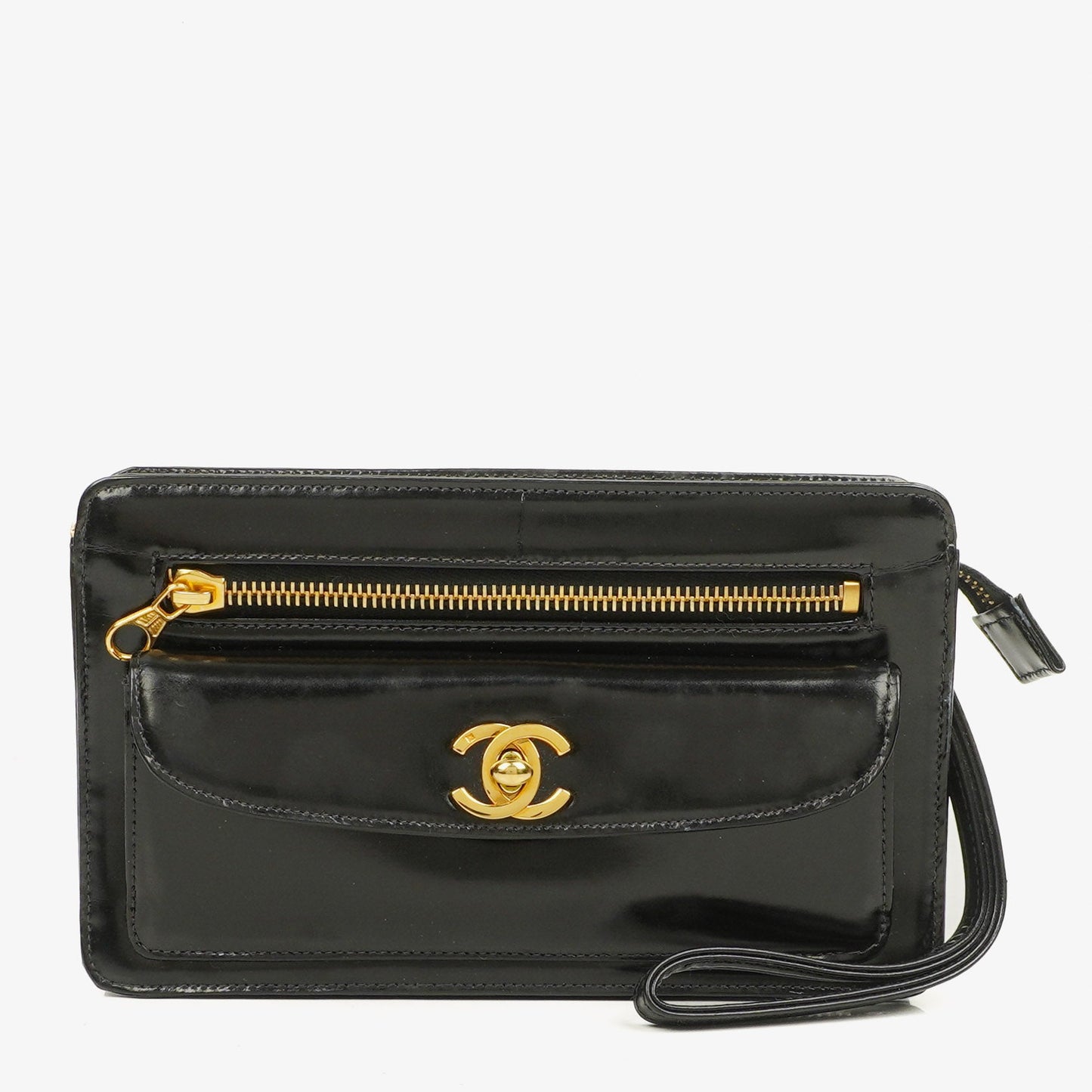 Chanel Black Patent Leather CC Logo Wrist Pouch