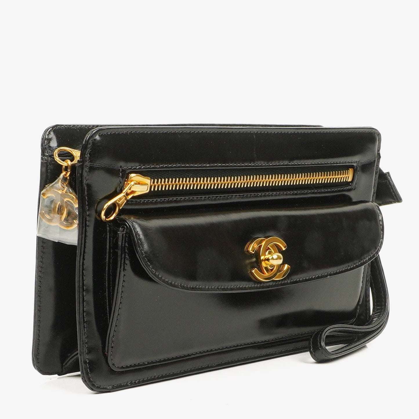 Chanel Black Patent Leather CC Logo Wrist Pouch