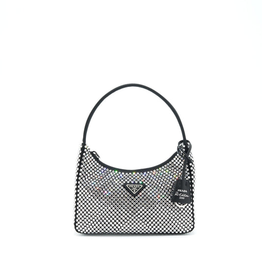 Prada Re-Edition 2000 Crystal Hobo Purse Nylon/Leather Black