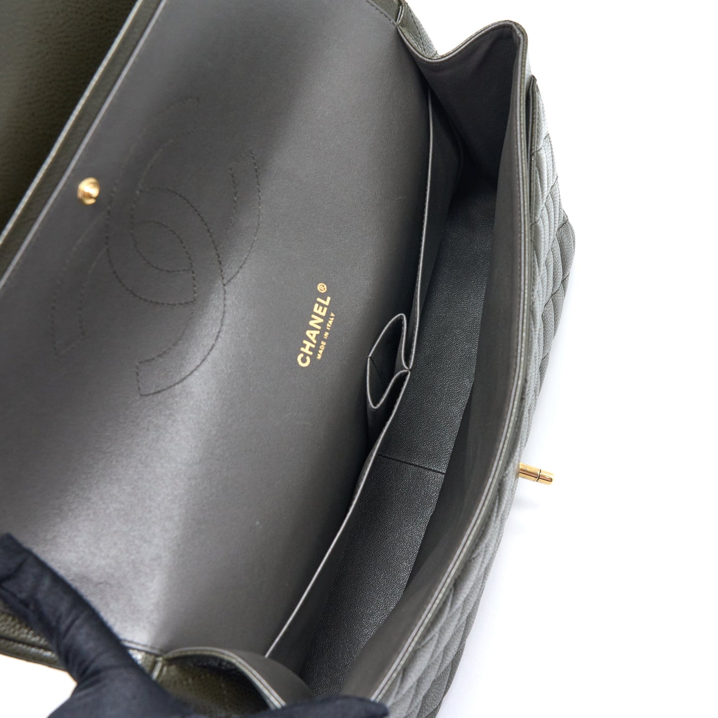 Chanel Maxi Classic Double Flap Bag Caviar Olive Green Brushed