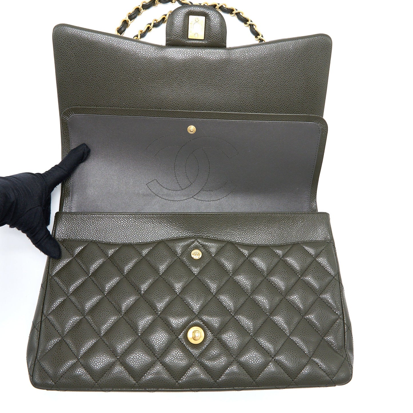 Chanel Maxi Classic Double Flap Bag Caviar Olive Green Brushed
