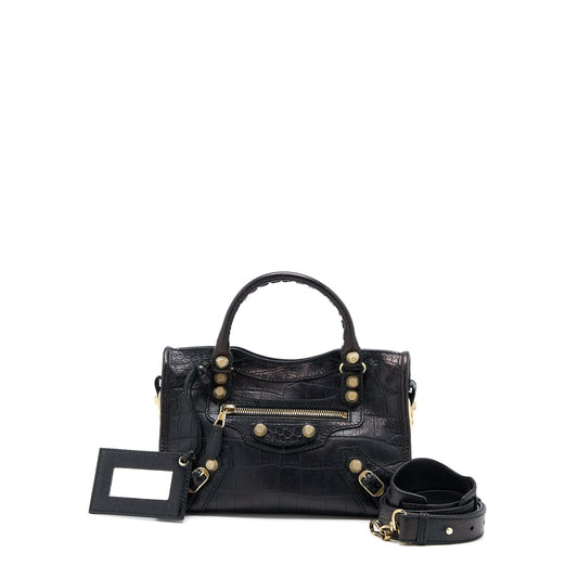 Balenciaga Mini City Crocodile-Embossed Calfskin Black