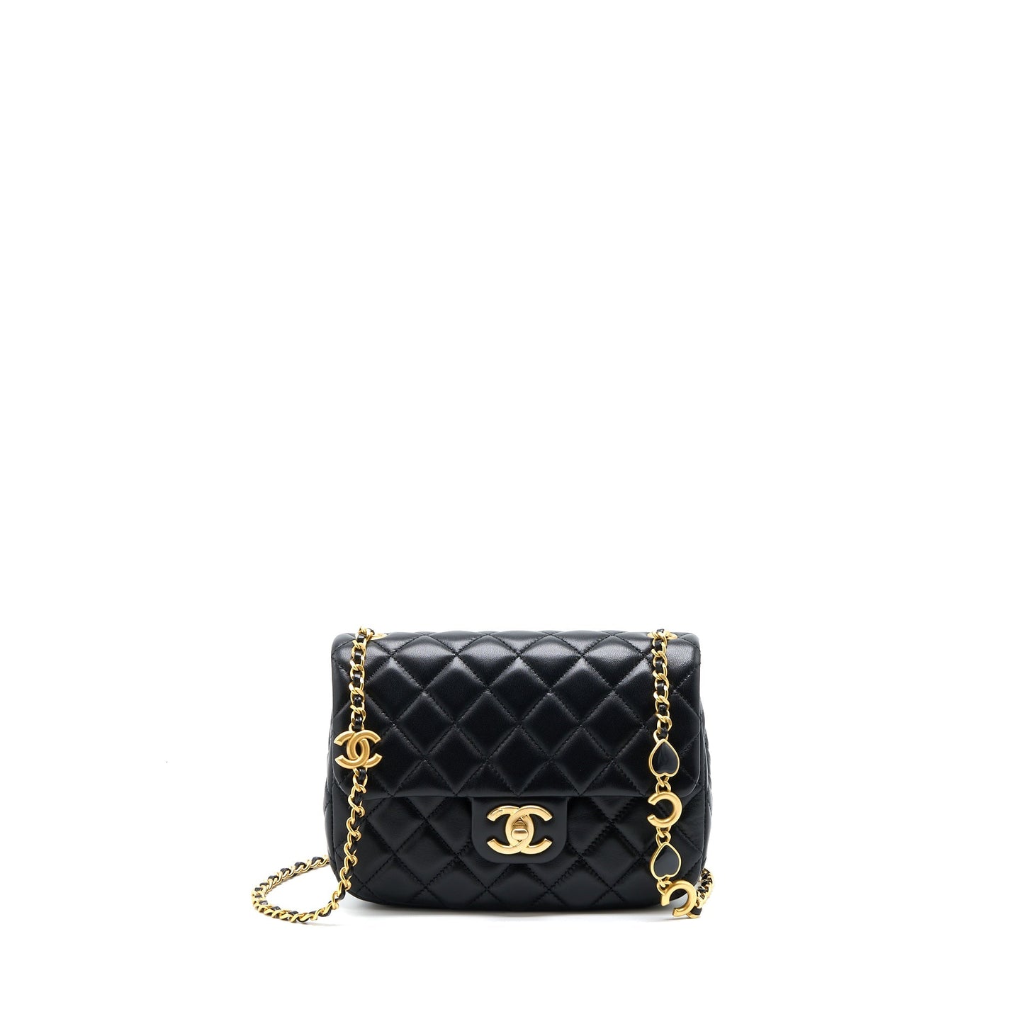 Chanel 22K Coco Chain Quilted Flap Bag Lambskin Black Brushed  (Microchip)
