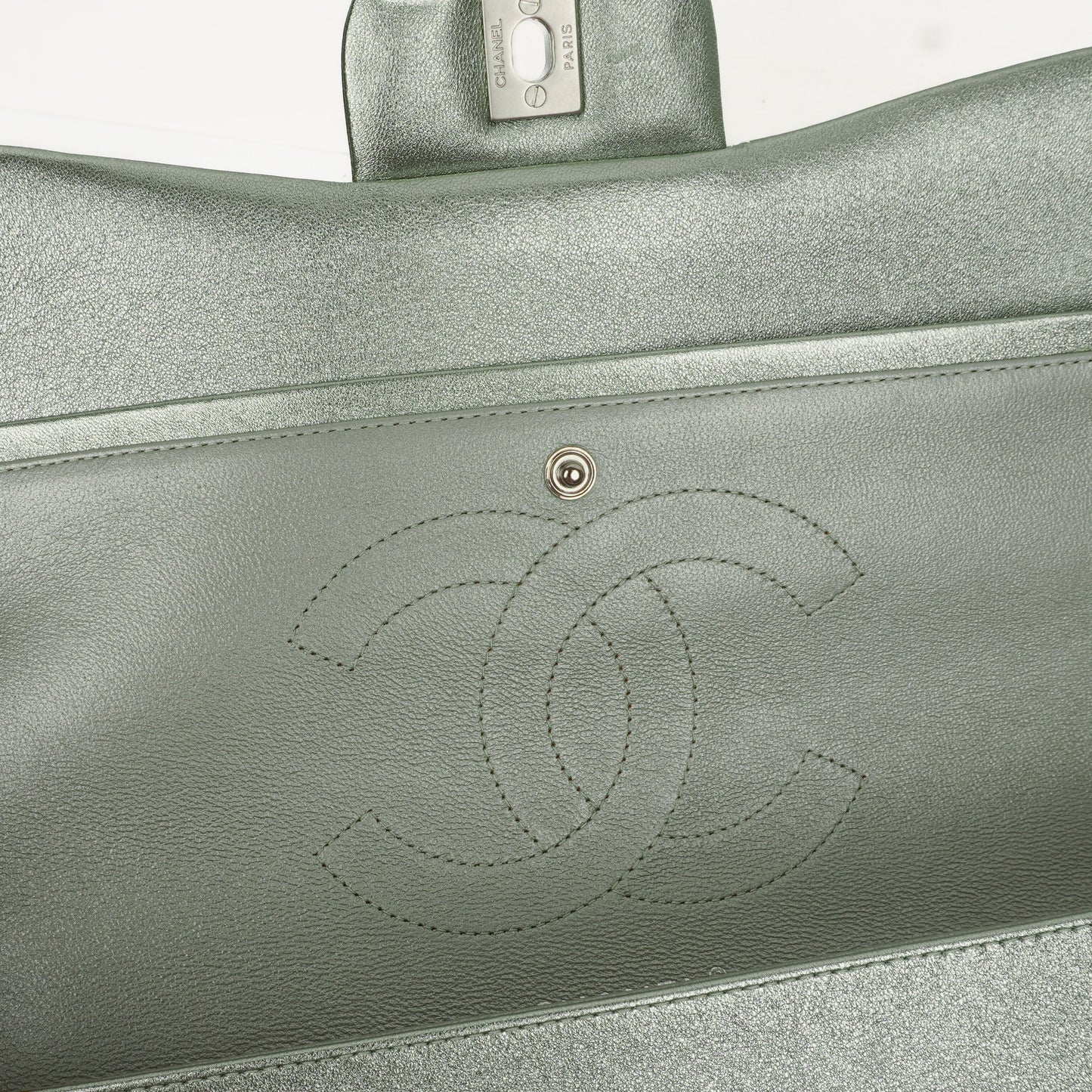 Chanel Classic Metallic Green Quilted Lambskin Jumbo Double Flap Bag