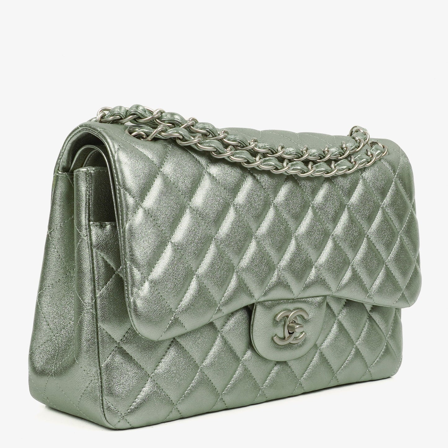Chanel Classic Metallic Green Quilted Lambskin Jumbo Double Flap Bag