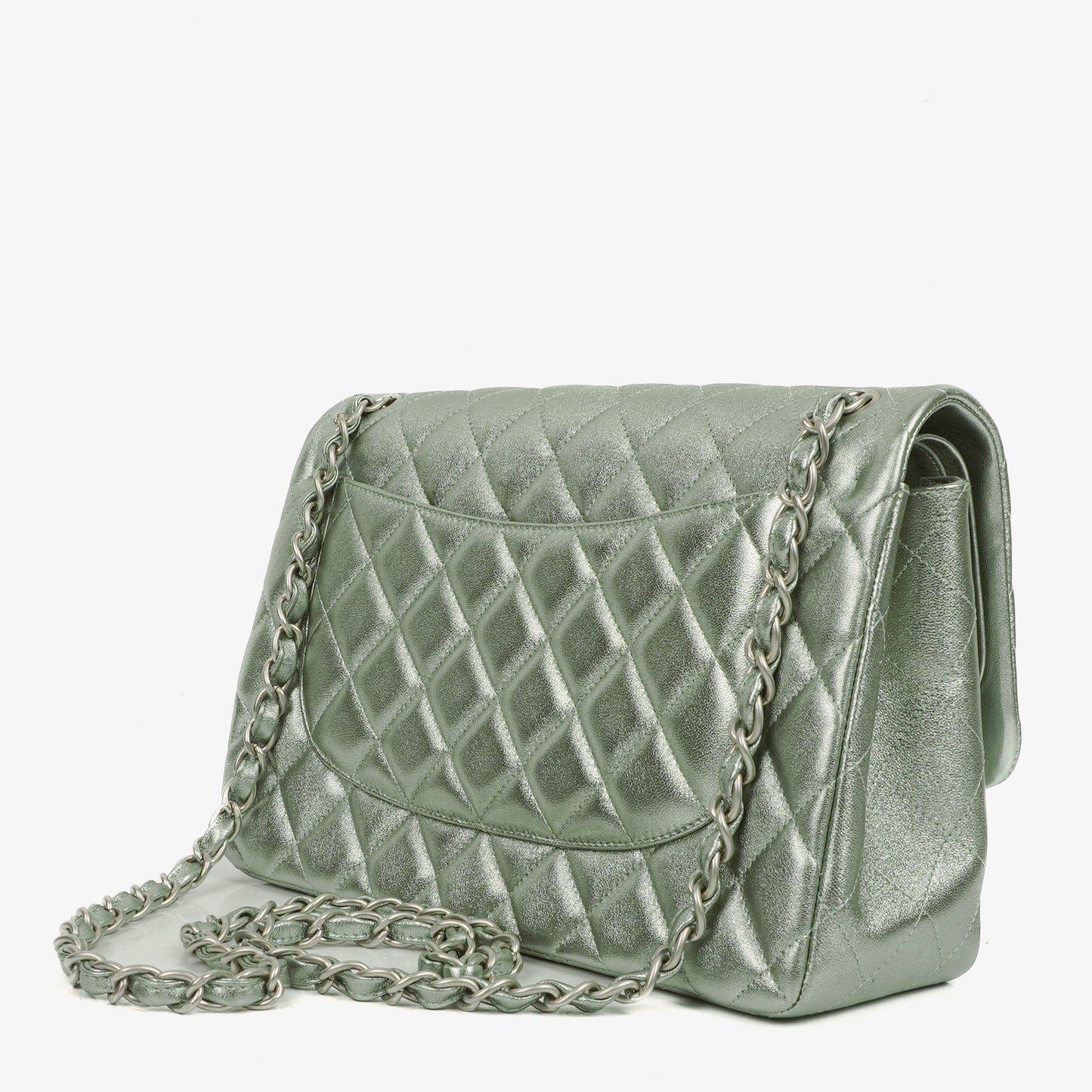 Chanel Classic Metallic Green Quilted Lambskin Jumbo Double Flap Bag