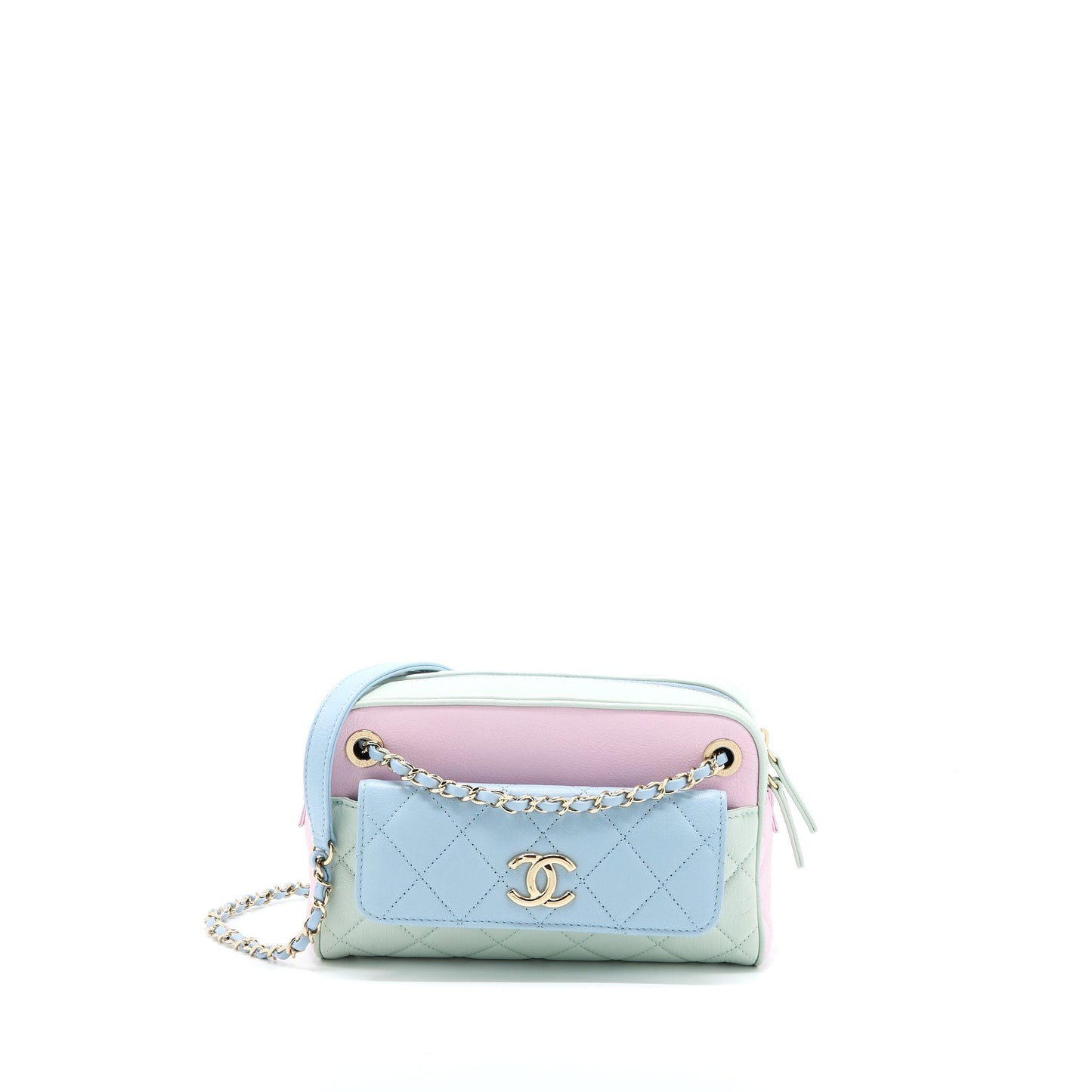 Chanel Small Camera Case Tricolour Goatskin Green Blue Pink L