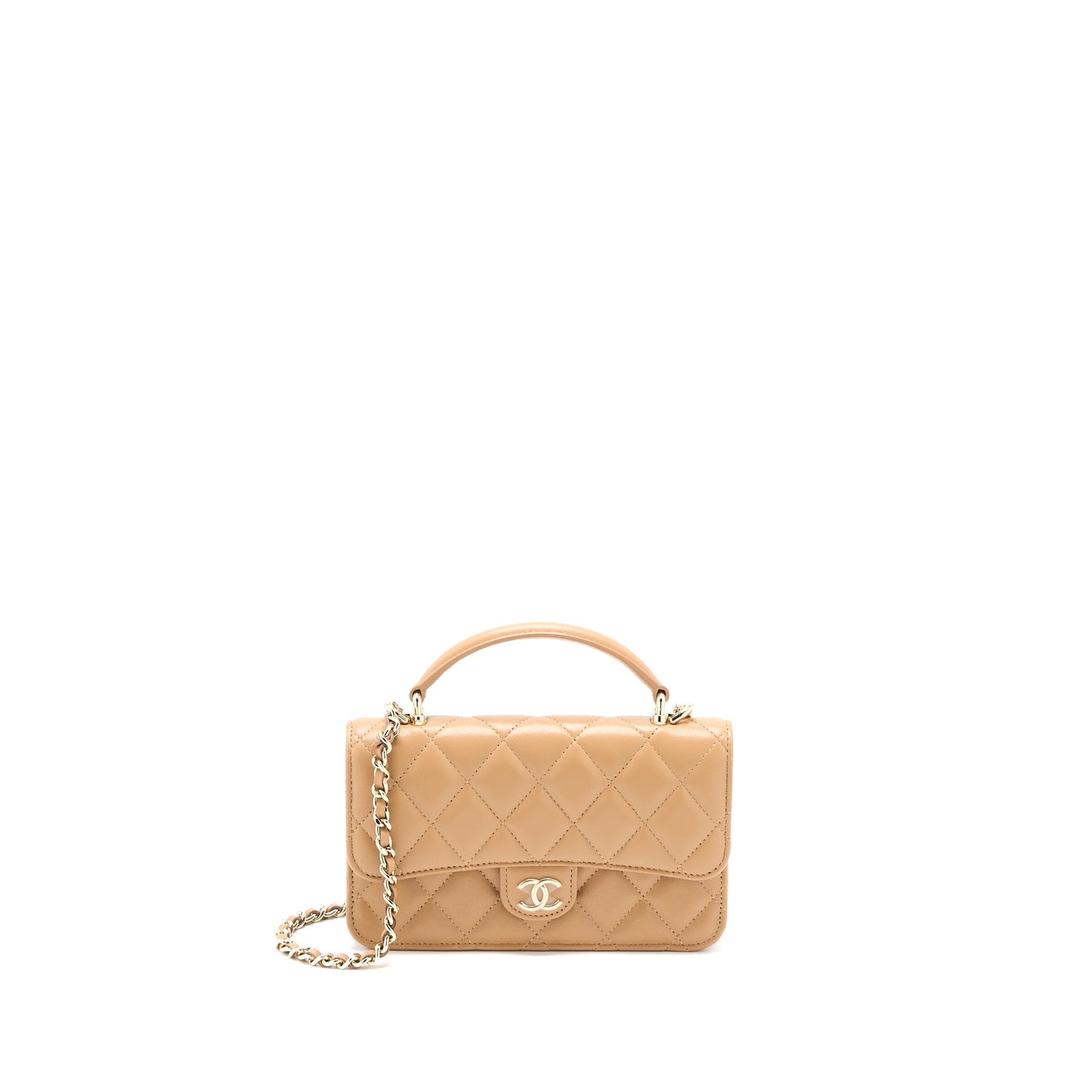 Chanel Top Handle Mini Flap Bag with Chain Lambskin Caramel L (Microchip)