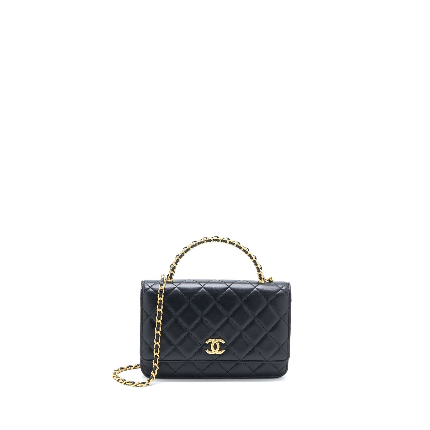 Chanel Detailed Top Handle Wallet on Chain Lambskin Black Brushed  (Microchip)