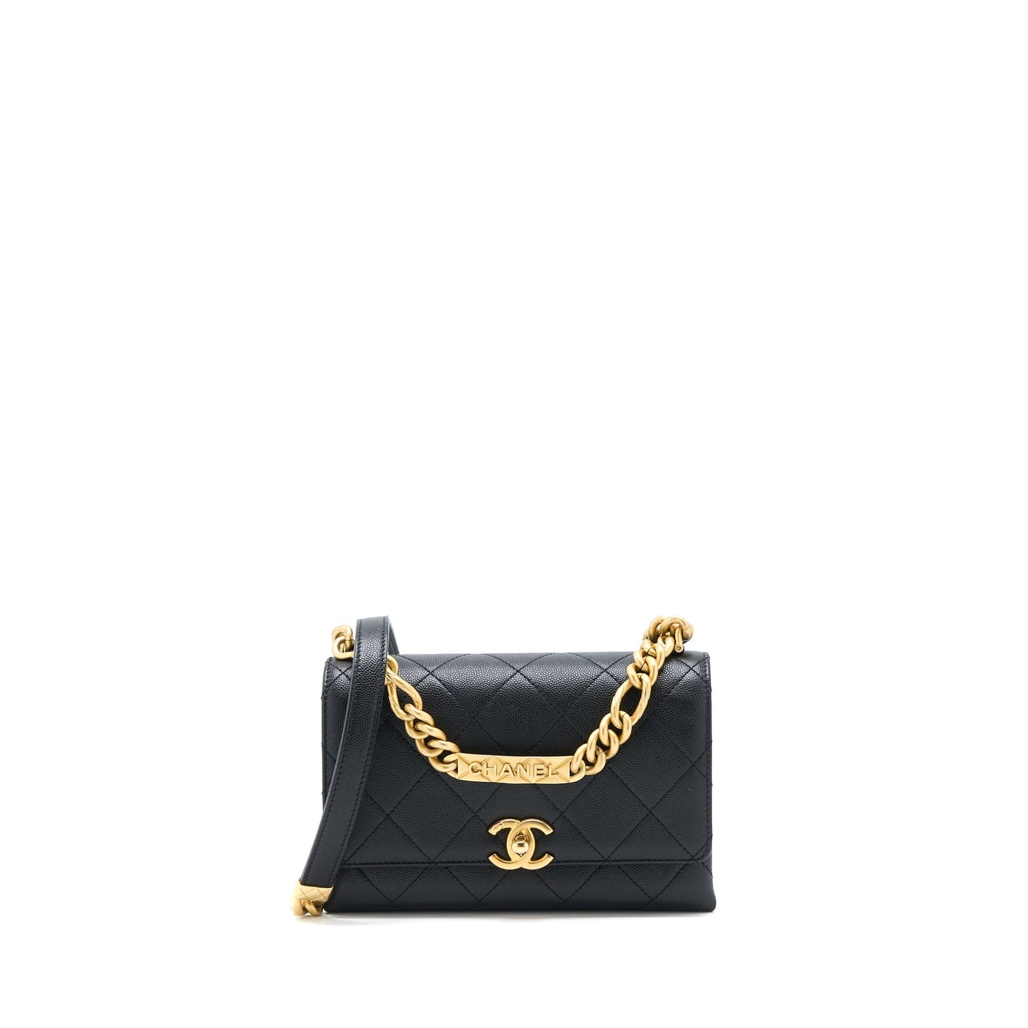 Chanel Detail Chain Flap Bag Grained Calfskin Black  (Microchip)