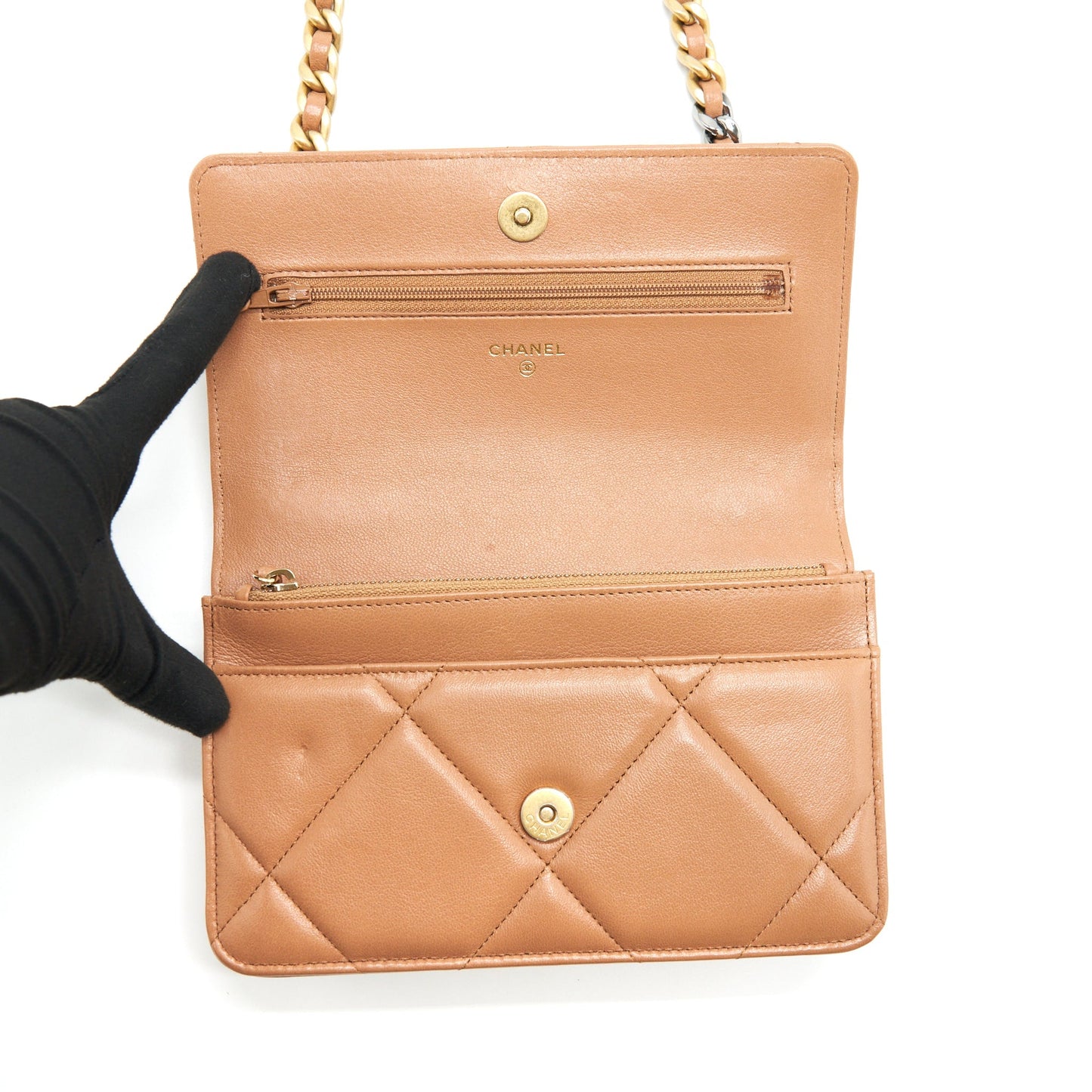 Chanel 19 Wallet On Chain Lambskin Dark Beige