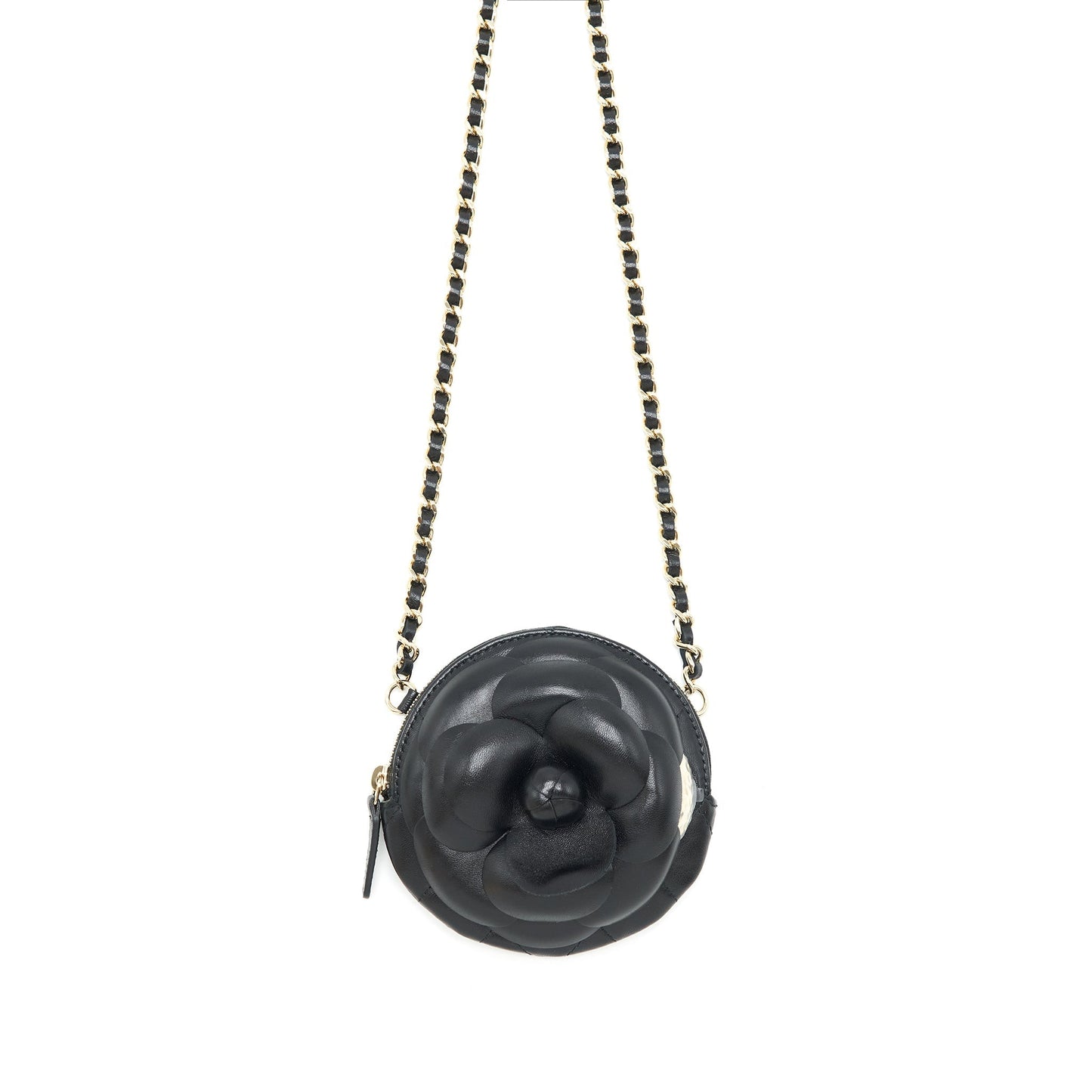 Chanel mini Round Camellia zippy Wallet with Chain Lambskin black