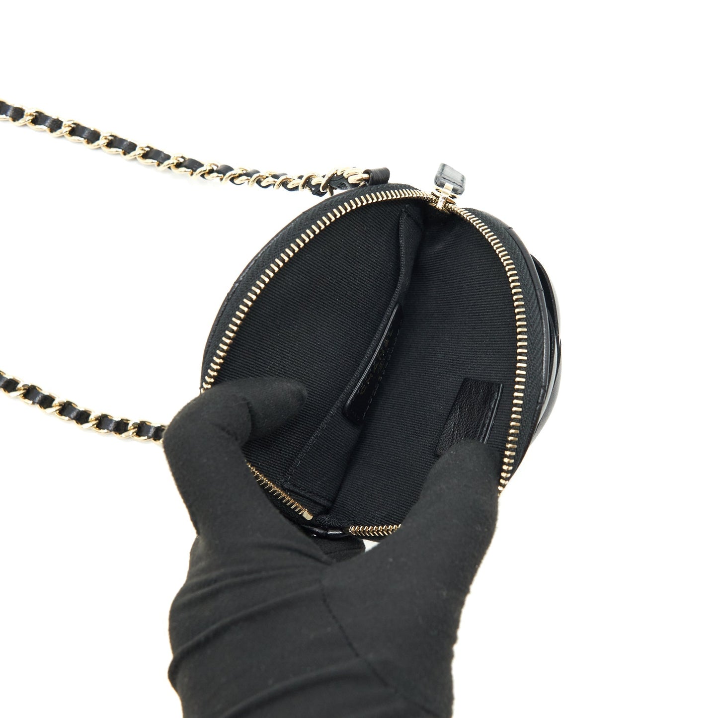 Chanel mini Round Camellia zippy Wallet with Chain Lambskin black