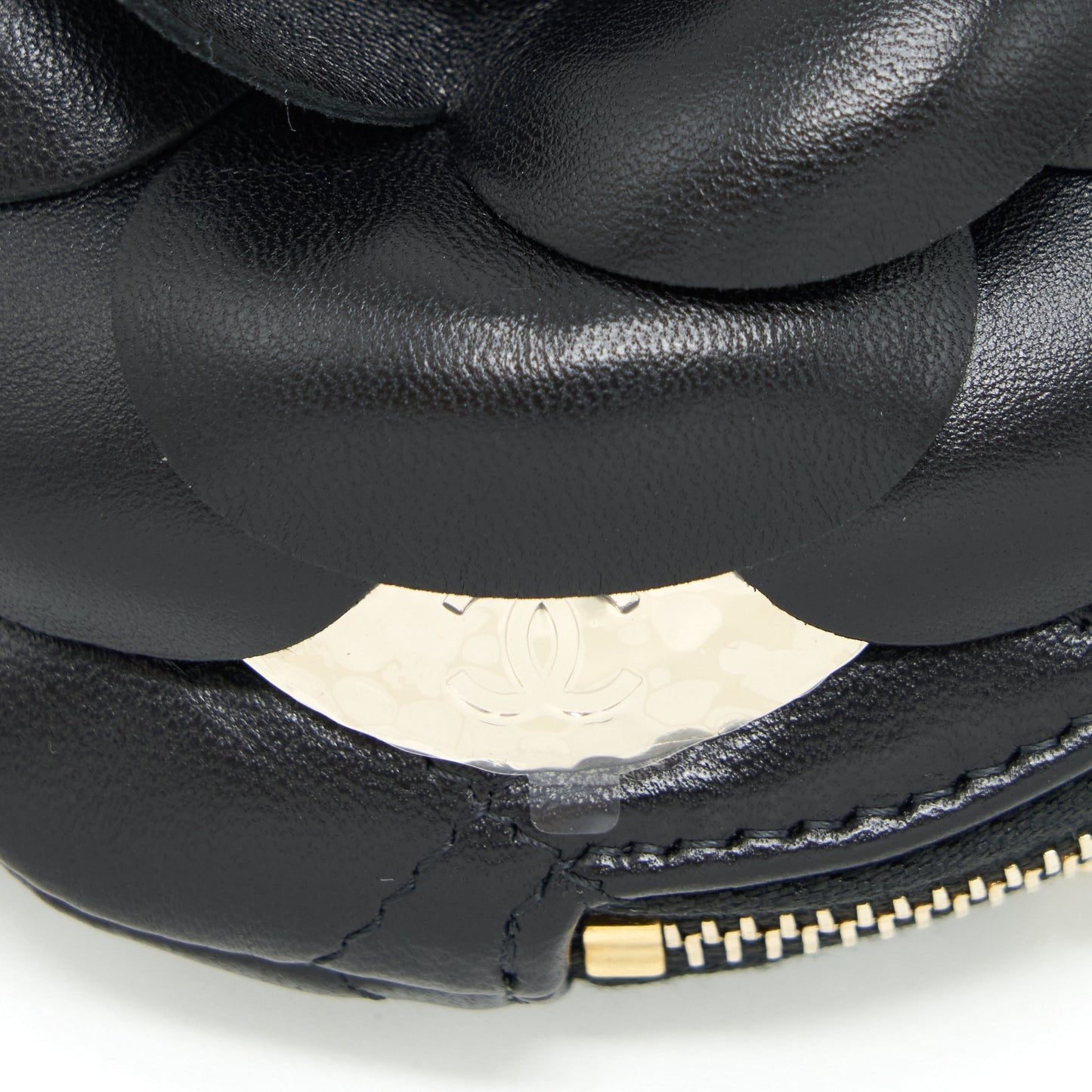 Chanel mini Round Camellia zippy Wallet with Chain Lambskin black