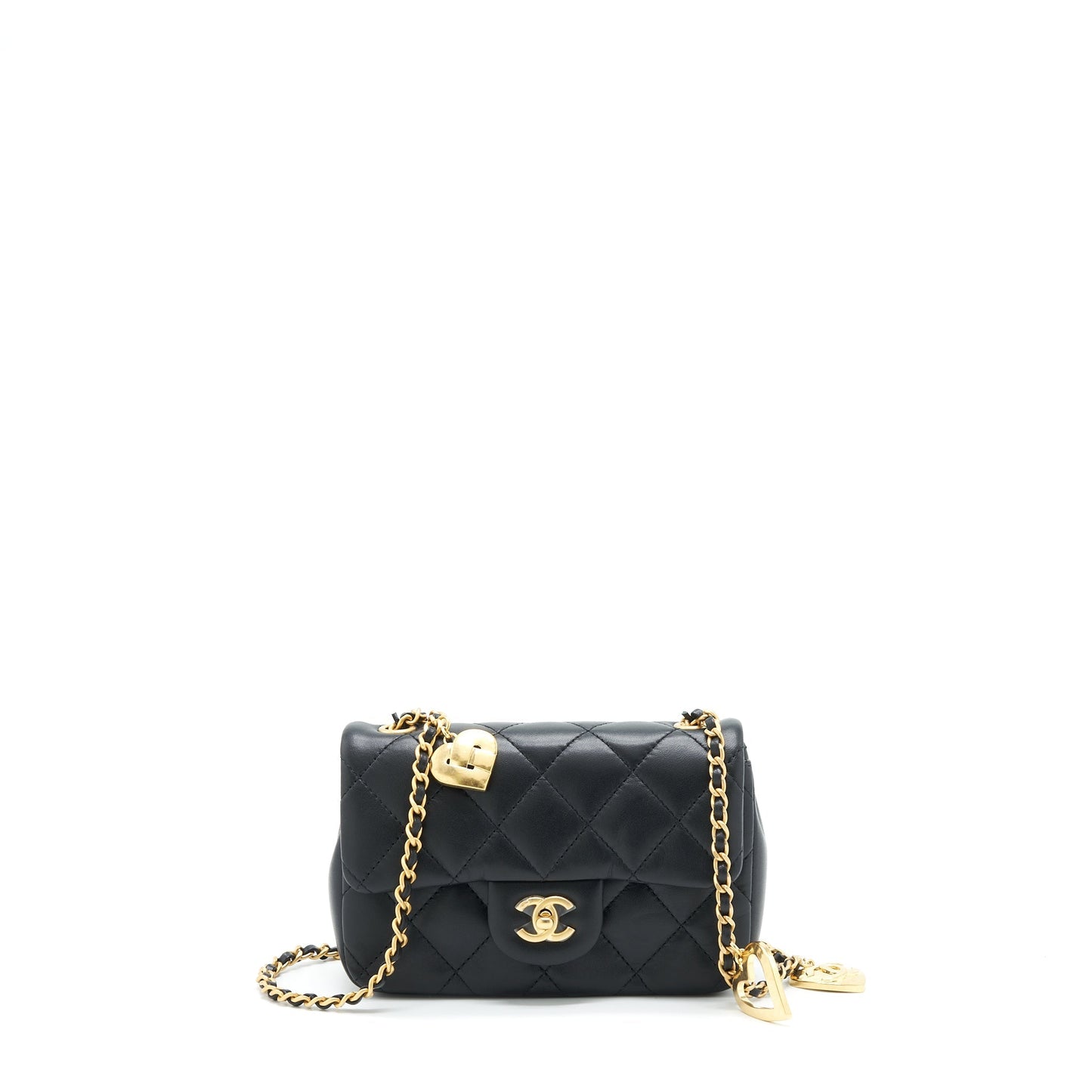 Chanel seasonal Mini Rectangular Flap Bag Heart Charm Chain Lambskin Black  (Microchip)