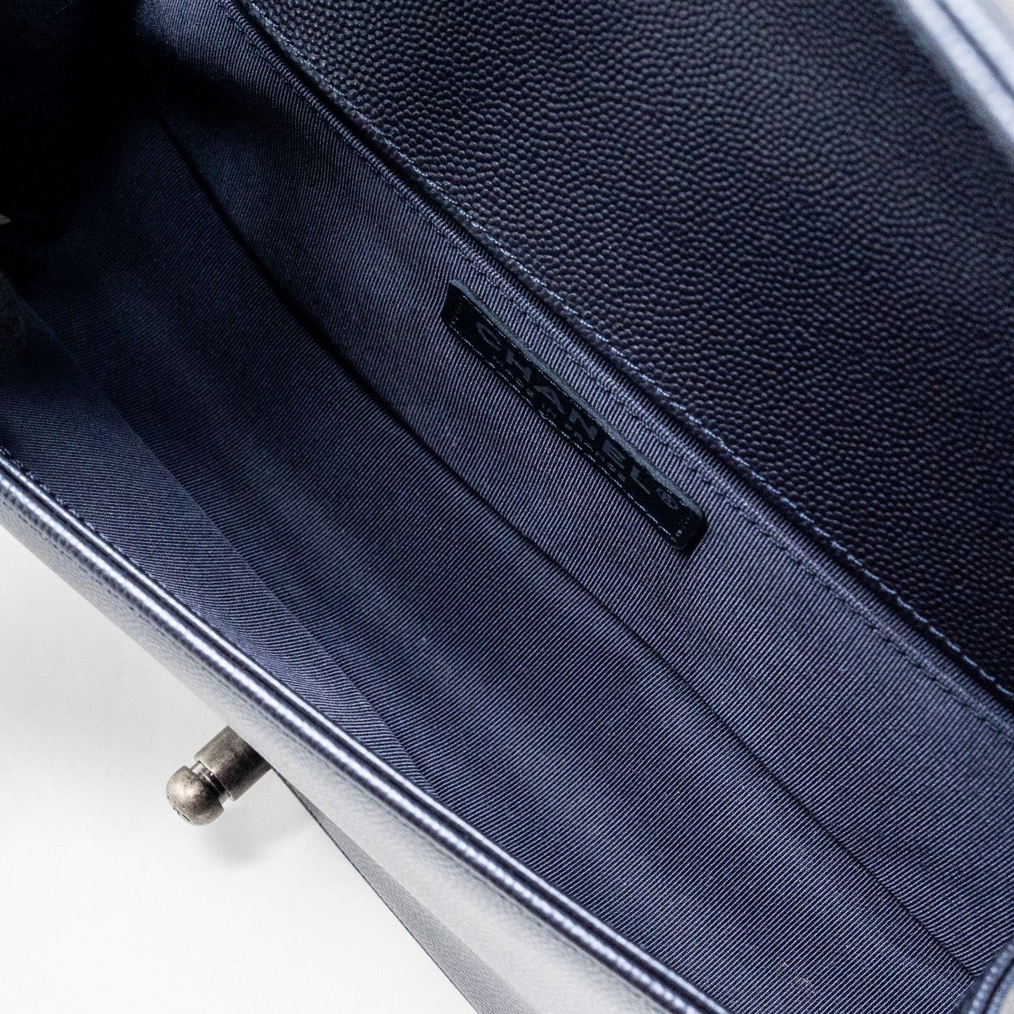 Chanel medium boy bag caviar metallic blue ruthenium hardware