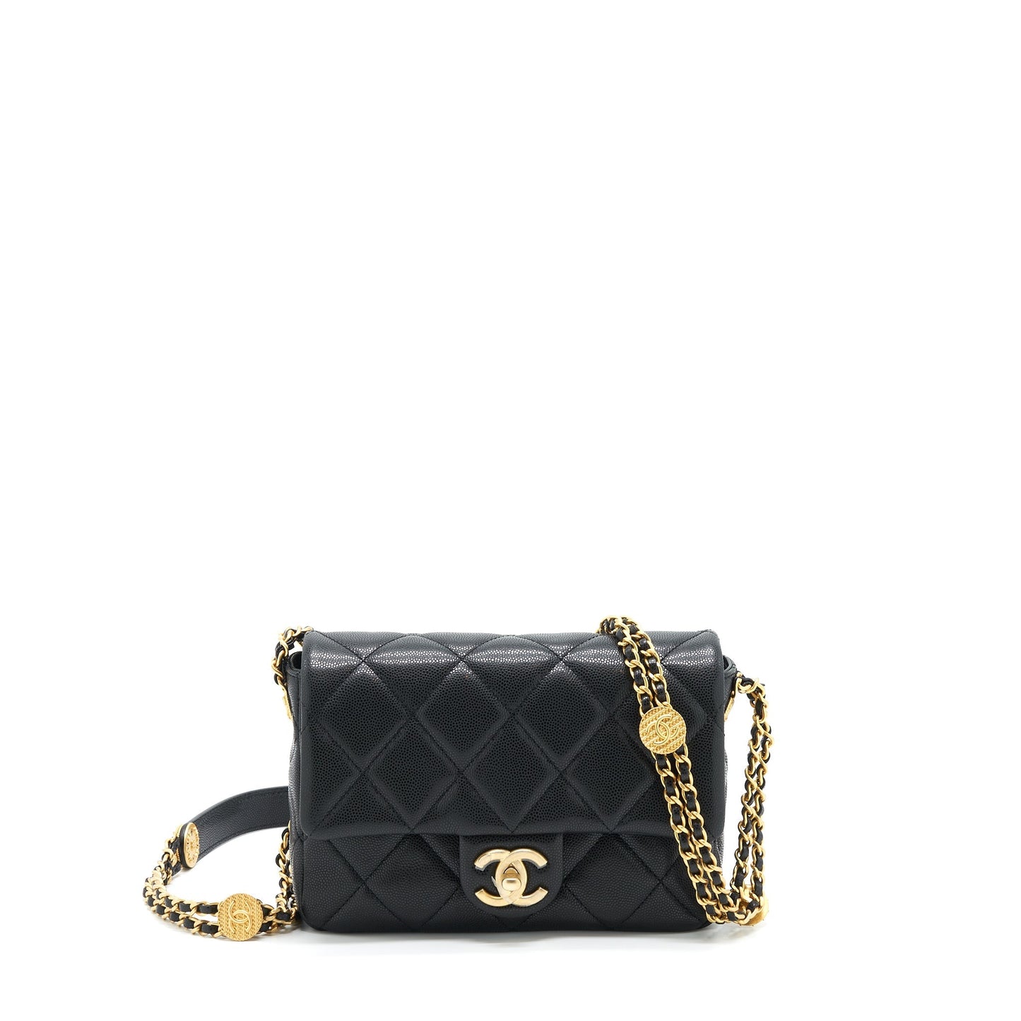 Chanel 22A Small Flap Bag With Button On Chains Caviar Black Brushed