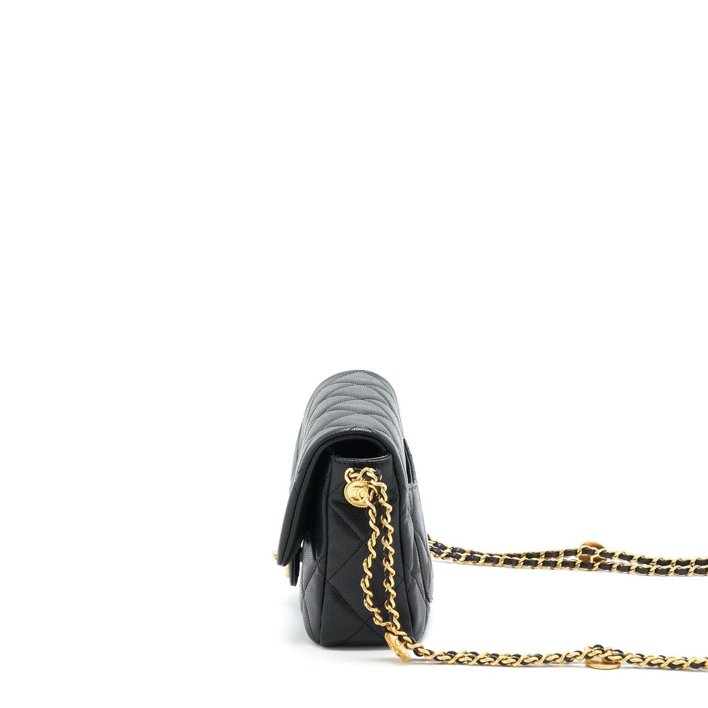 Chanel 22A Small Flap Bag With Button On Chains Caviar Black Brushed