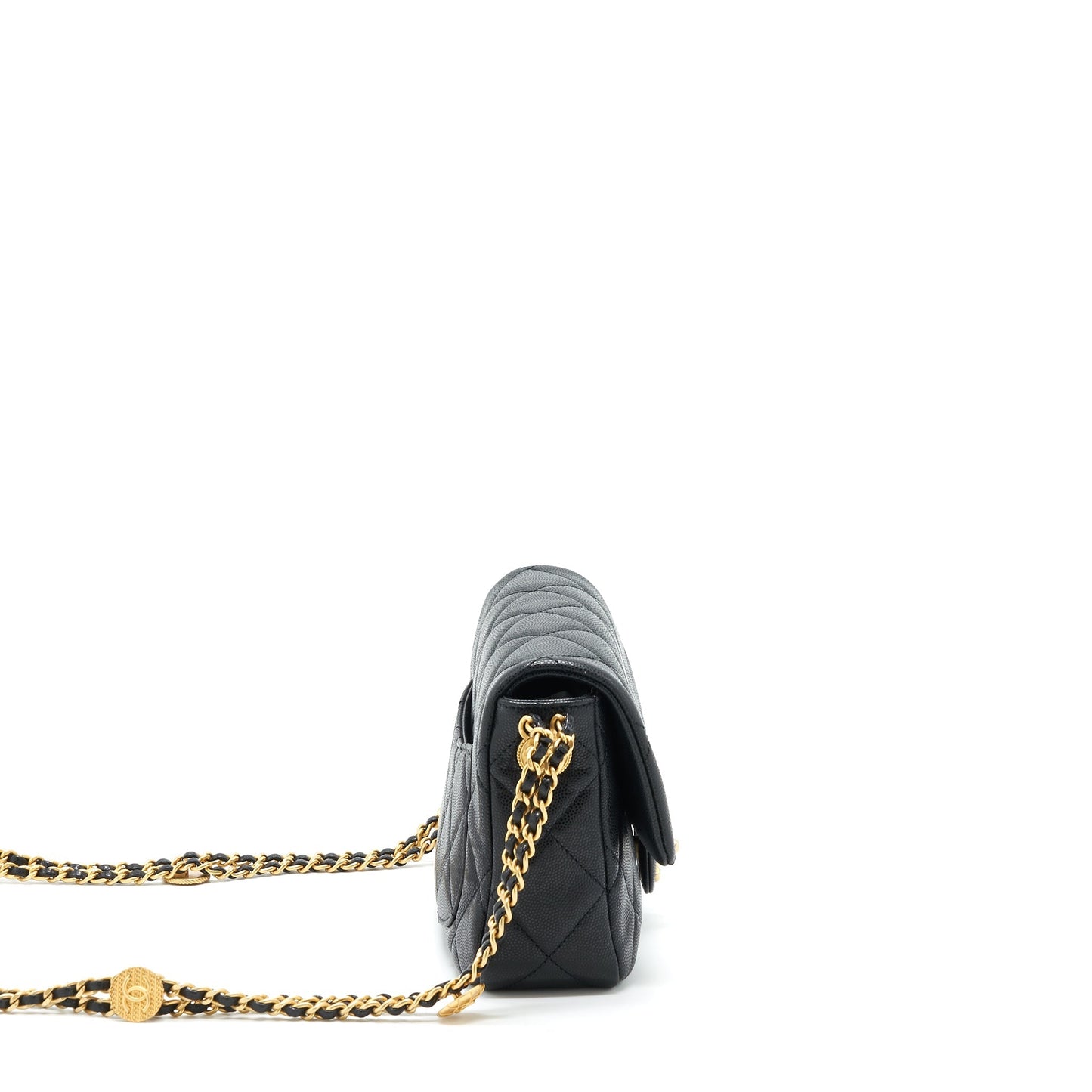 Chanel 22A Small Flap Bag With Button On Chains Caviar Black Brushed