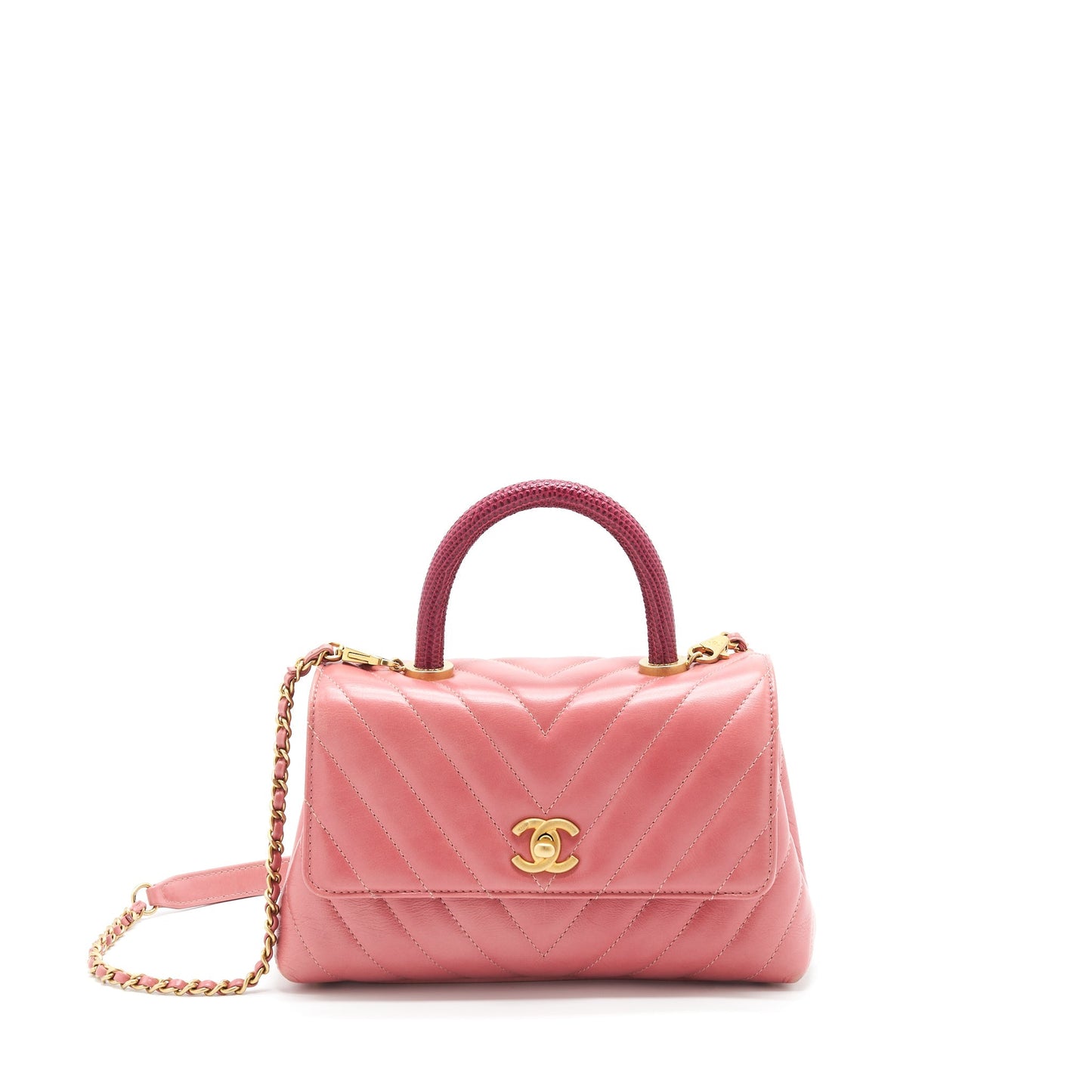Chanel Small Coco Handle Chevron Calfskin With Lizard Handle Pink