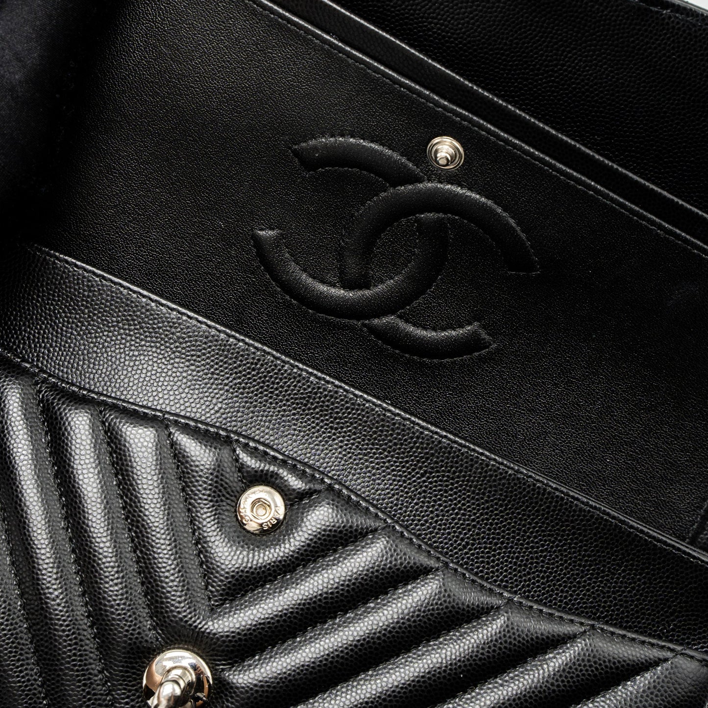 Chanel Medium Classic Double Flap Bag Chevron Caviar Black